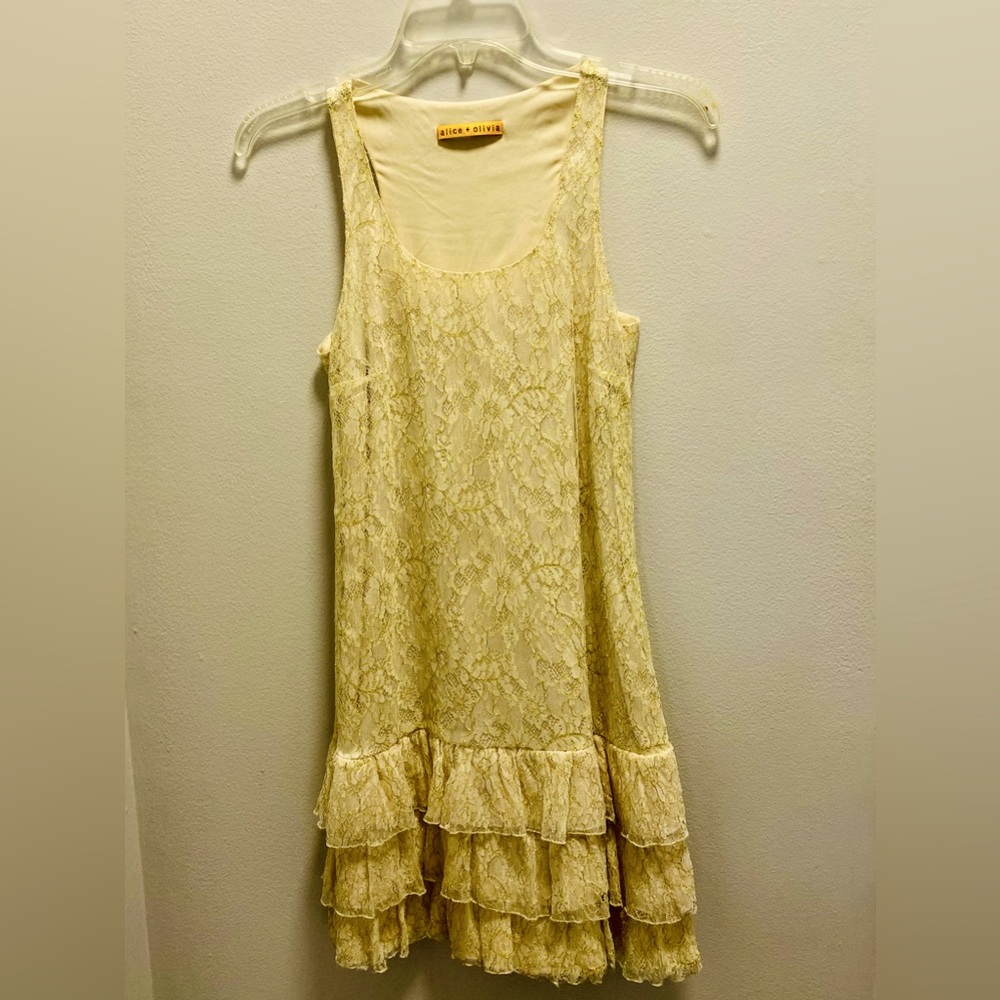 Alice + Olivia dress with Cream/Gold tiered Ruffles; dropped waist, XS
